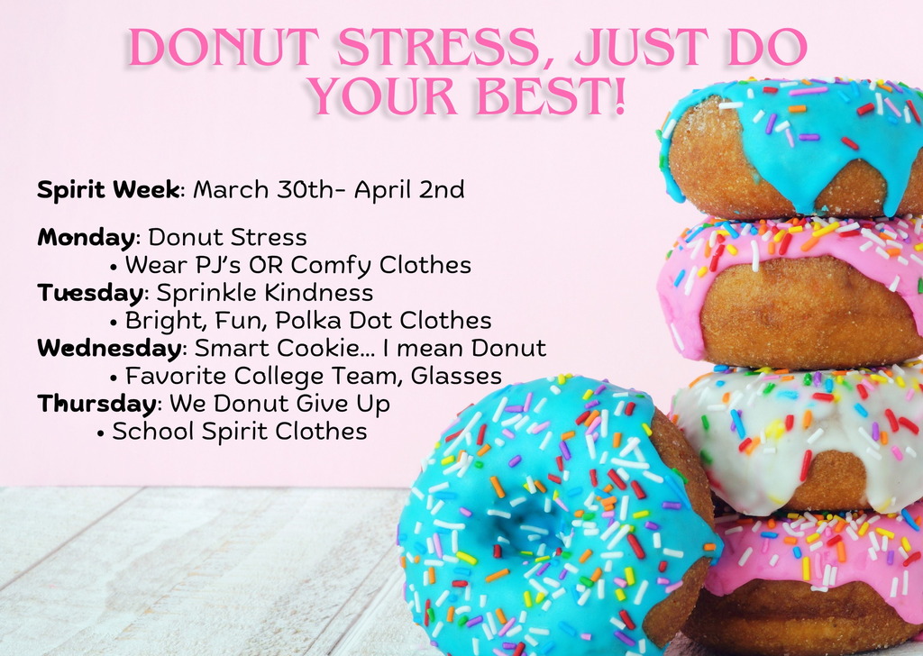 A pink background with a poster titled "Donut Stress, Just Do Your Best!" Four donuts stacked, each with different colorful toppings.