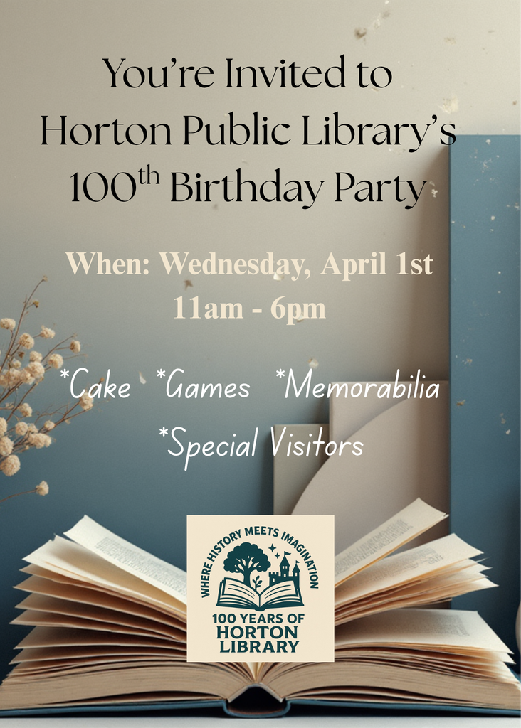 A library celebration invitation with an open book, a floral arrangement, and a blue backdrop. Text highlights a birthday party.