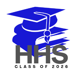 A blue and gray logo with a graduation cap over books. Below the cap, "HHS" is in bold gray. Below that, "CLASS OF 2026" is written in gray.