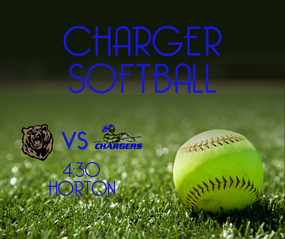 Green softball on grass. Blue text says "CHARGER SOFTBALL" and "VS." Logos of Charger and Bear.