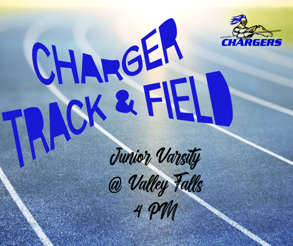 Blue track with white lane lines, Charger Track & Field logo, event time, and location.