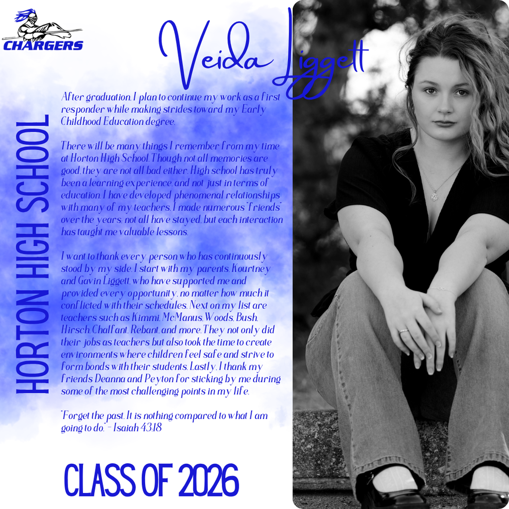 A black-and-white photo shows a woman sitting, smiling, with text in blue and purple fonts. The woman wears a black top, jeans, and black shoes.