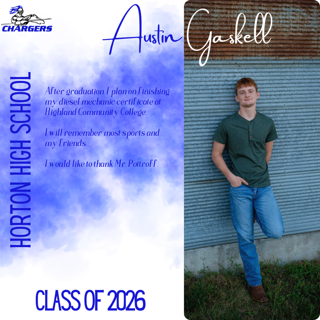 A young man in a green shirt and jeans stands outside. Text reads "Horton High School Class of 2026" on the left.