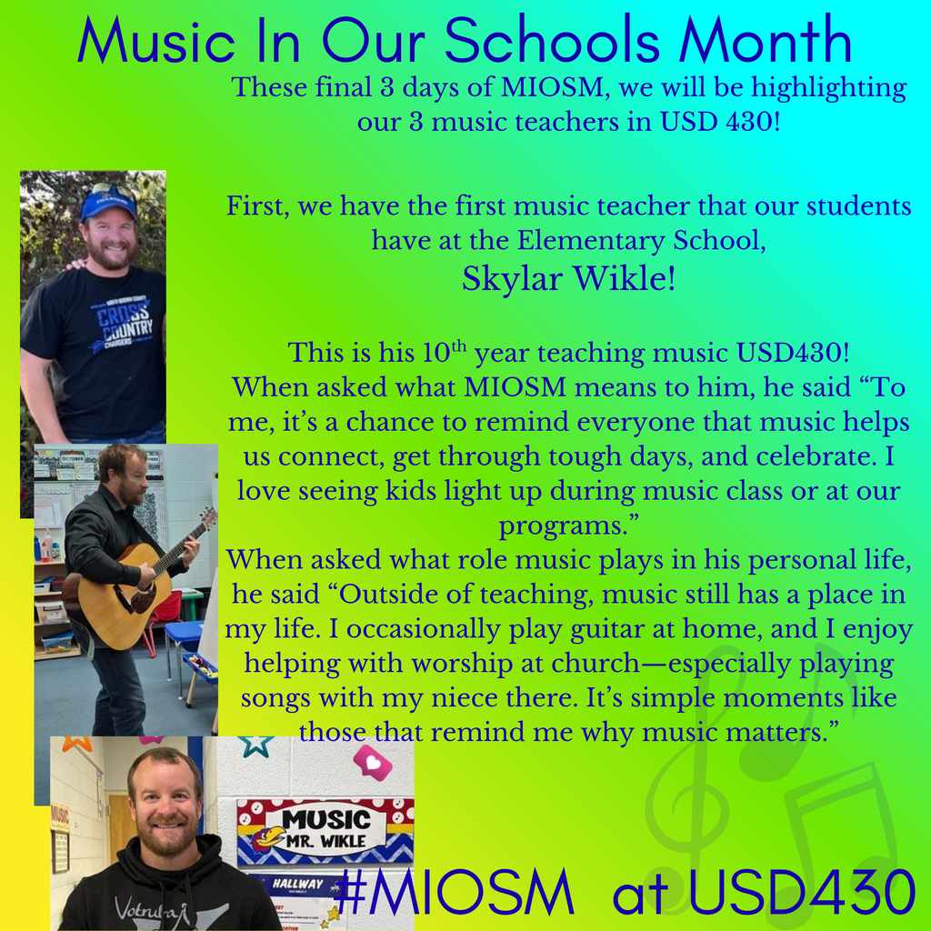 Three images of men, each labeled, highlight their contributions. Green background. Text mentions Music in Our Schools Month.