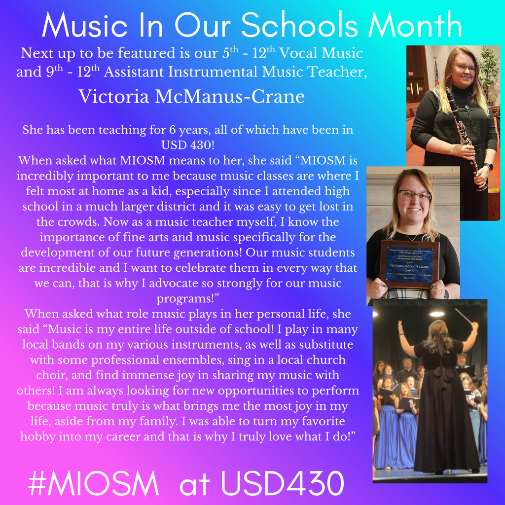 A poster shows Victoria McManus-Crane, a music teacher, and her reflections on teaching and music.
