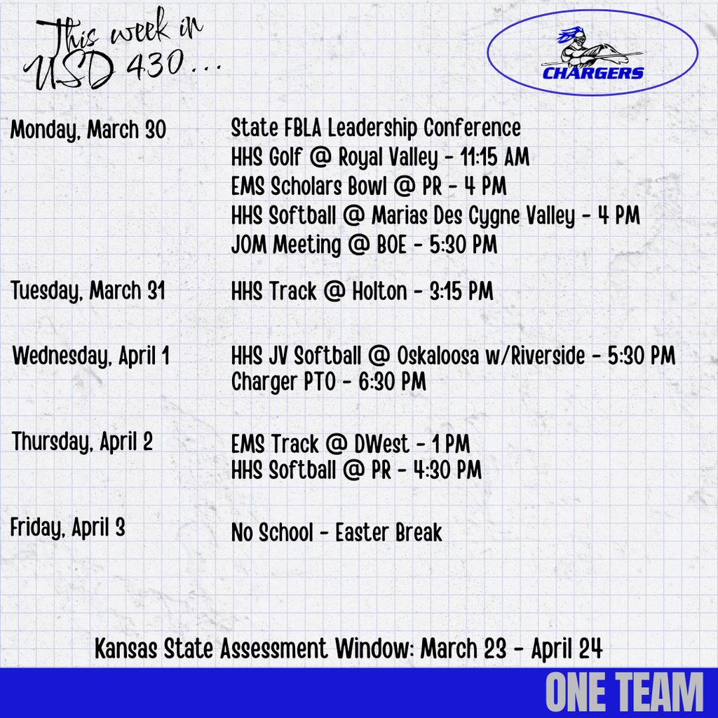 Weekly school schedule on a white background. Days of the week and dates listed. Includes times and locations.