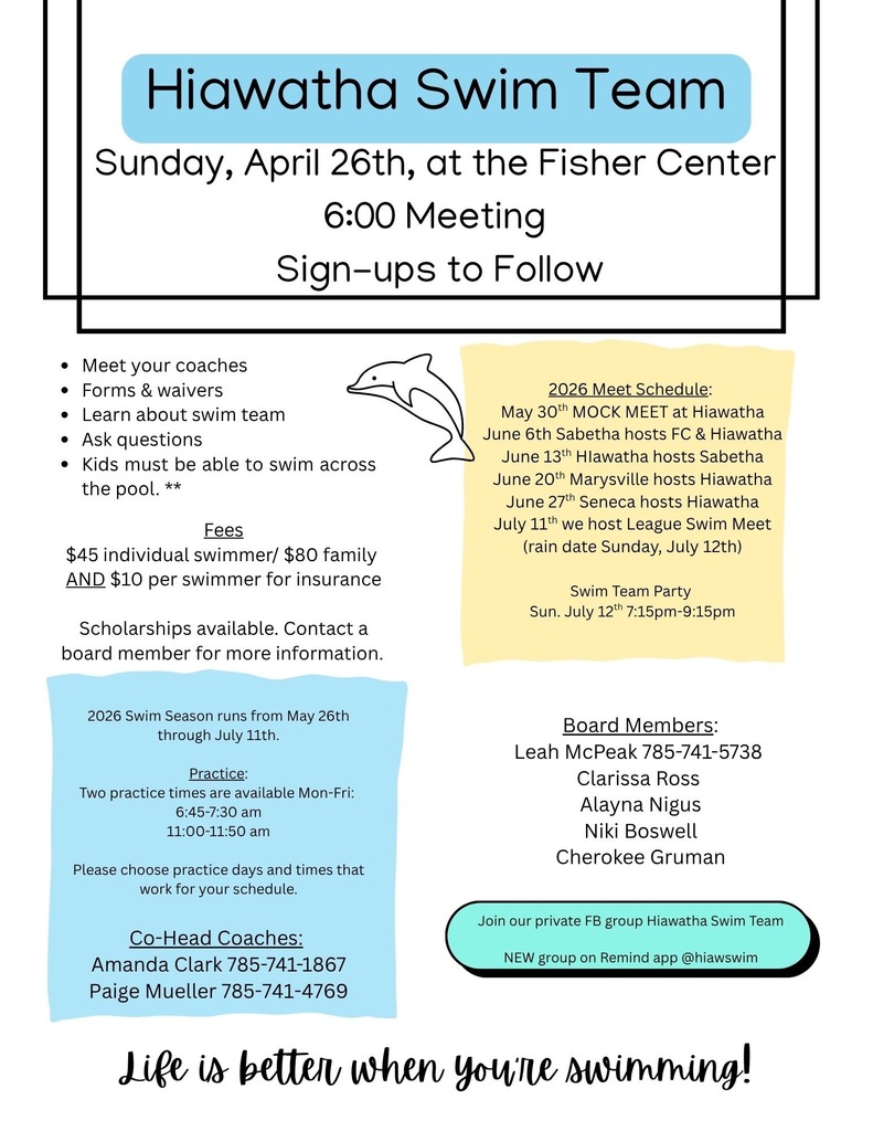 A flyer for the Hiawatha Swim Team, with a dolphin logo and a meeting on April 26 at the Fisher Center. Includes coaches' contact info, fees, and practice details.