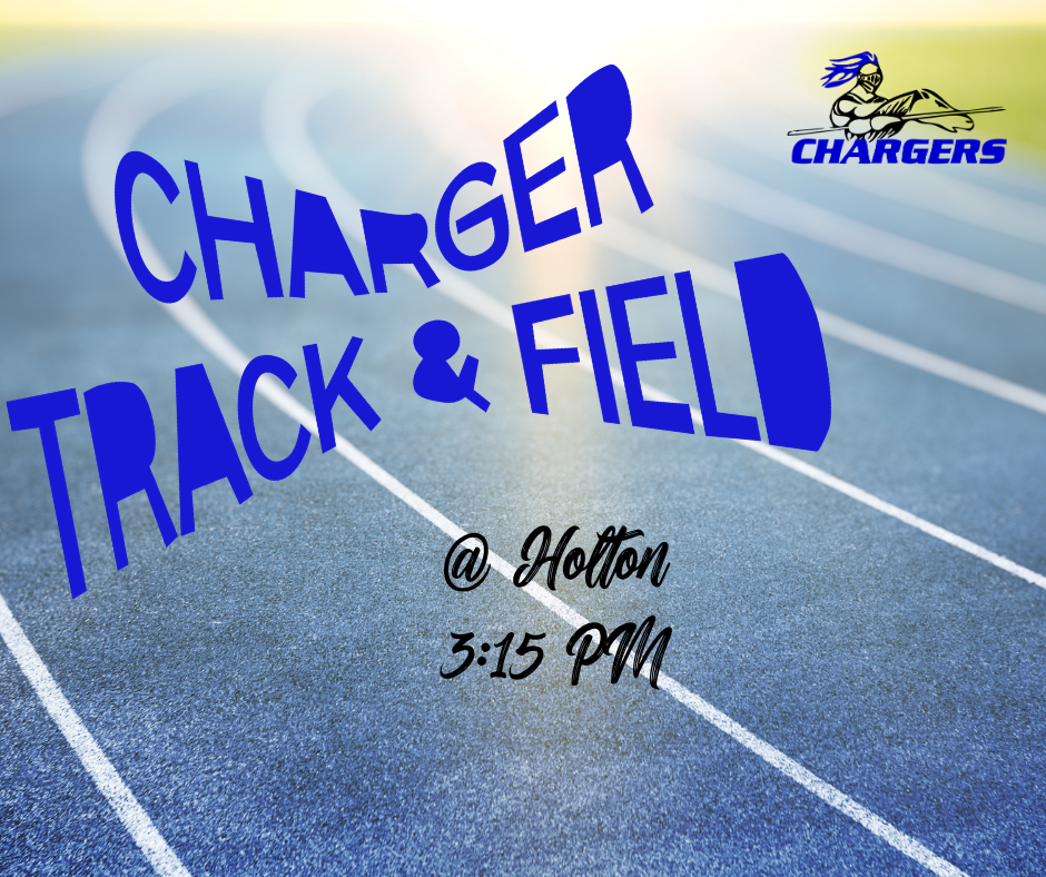 Blue track with white lane lines. Blue text reads "CHARGER TRACK & FIELD @ Hotton 3:15 PM".