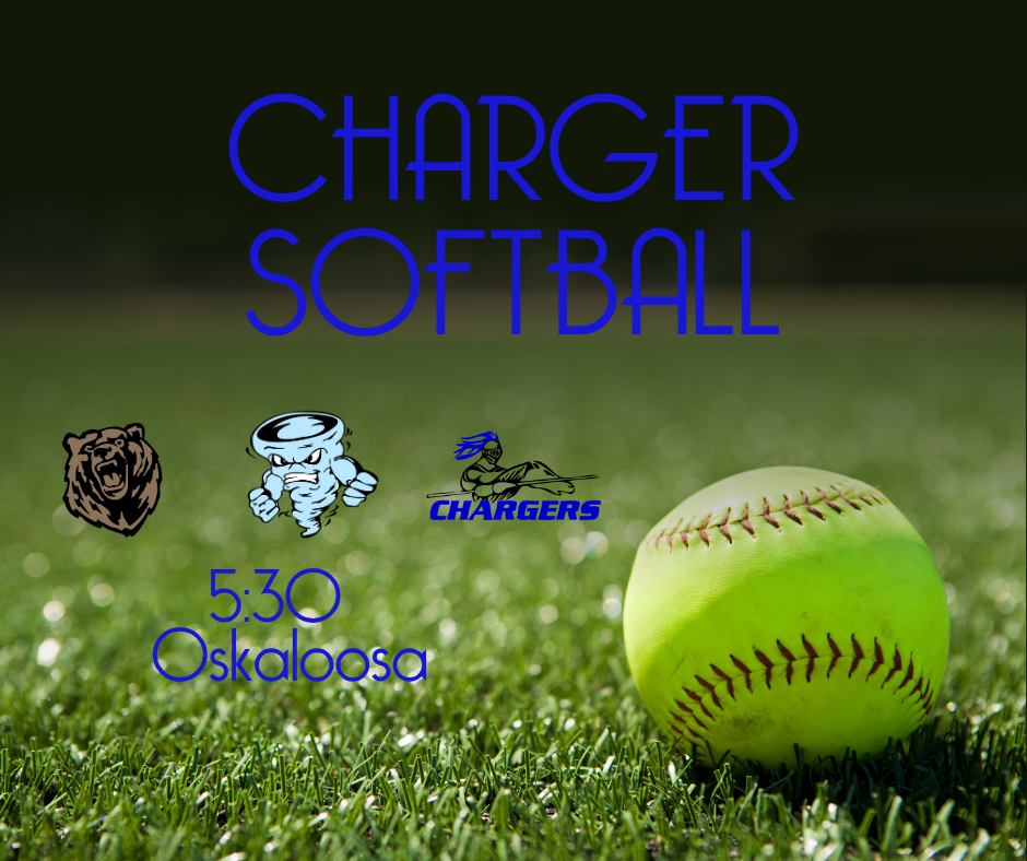 A baseball on grass, text "CHARGER SOFTBALL 5:30 Oskaloosa" above, three logos in the top left.