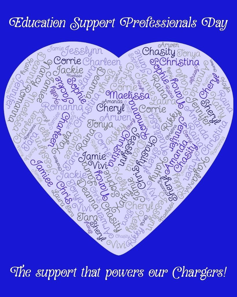 A heart-shaped graphic on a blue background displays multiple names. The text reads "Education Support Professionals Day" at the top and "The support that powers our Chargers!" at the bottom.