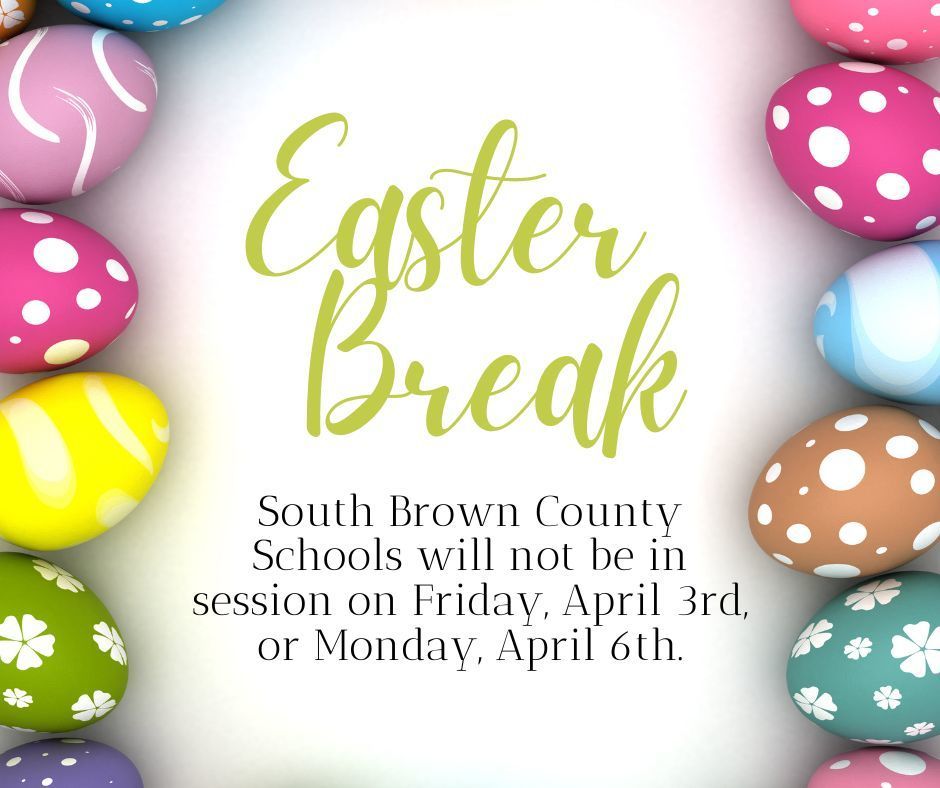 A banner with "Easter Break" text in the center, surrounded by colorful Easter eggs. The background is white.