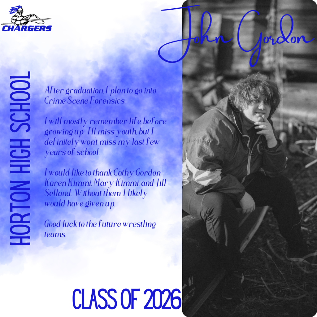 A yearbook page displays a photo of a person in a jacket, with a message and the name John Gordon.