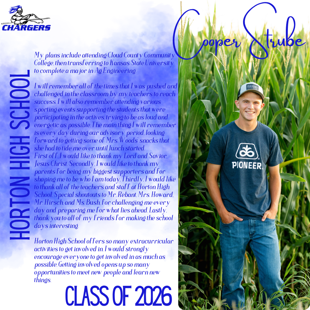 A young man stands in a cornfield, wearing a blue T-shirt, cap, and jeans, with text on the left side.