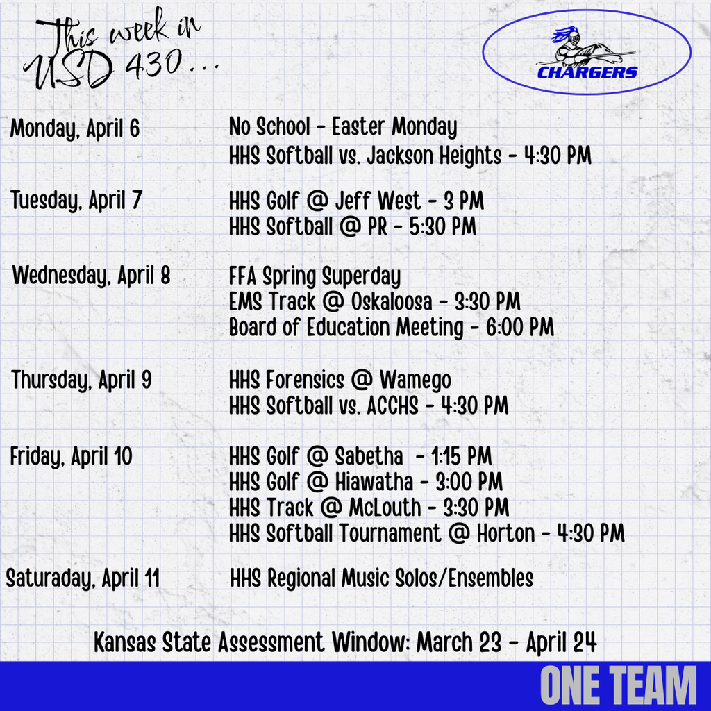 Schedule for week in USD 430. Activities include softball, golf, and track. No school on Easter Monday.