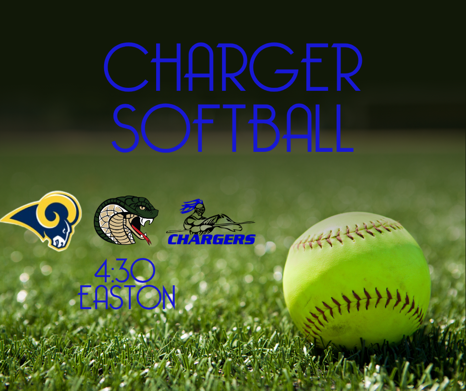 A yellow softball sits on grass with the Charger Softball logo and a Rams logo in the background.