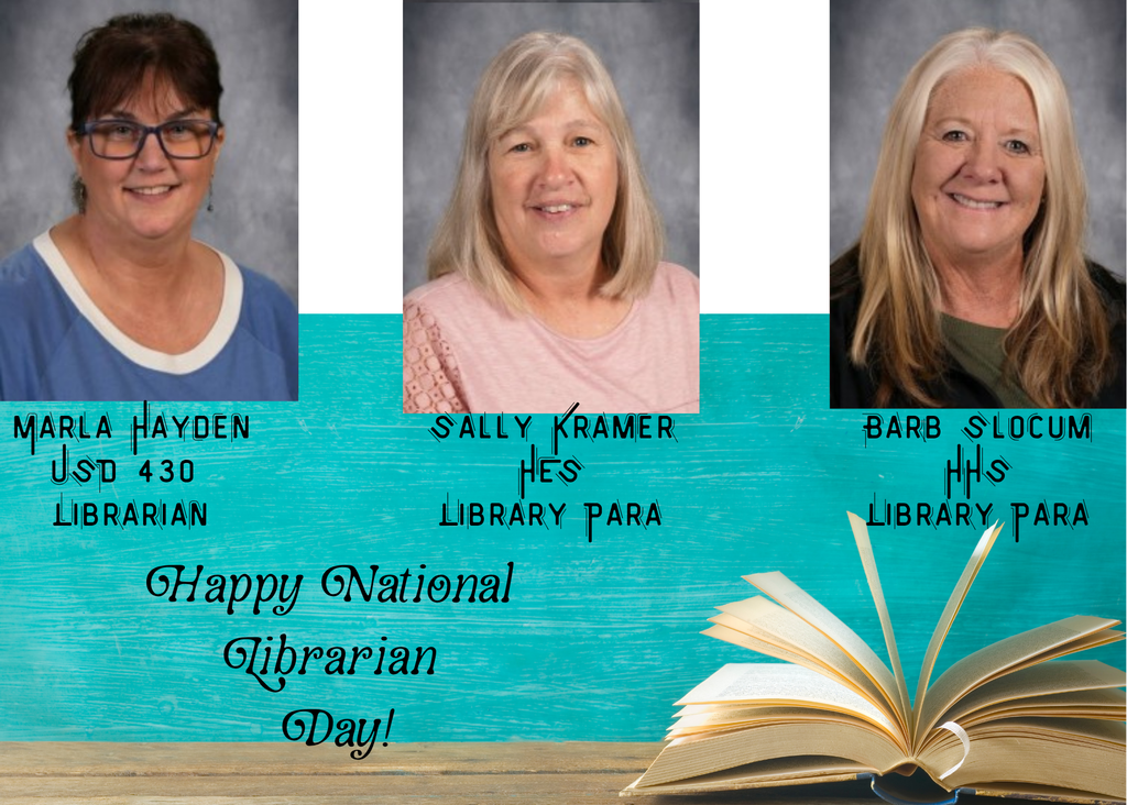 Three photos of women smiling: one wears glasses, another a pink shirt, the third a green top. Caption reads "Happy National Librarian Day!"