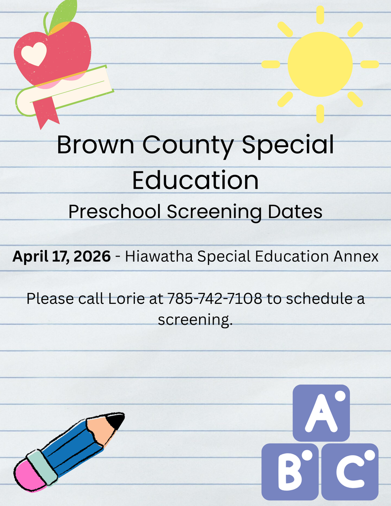 A poster with lined paper background includes a red apple, a pencil, and a sun. Text reads "Brown County Special Education Preschool Screening Dates".
