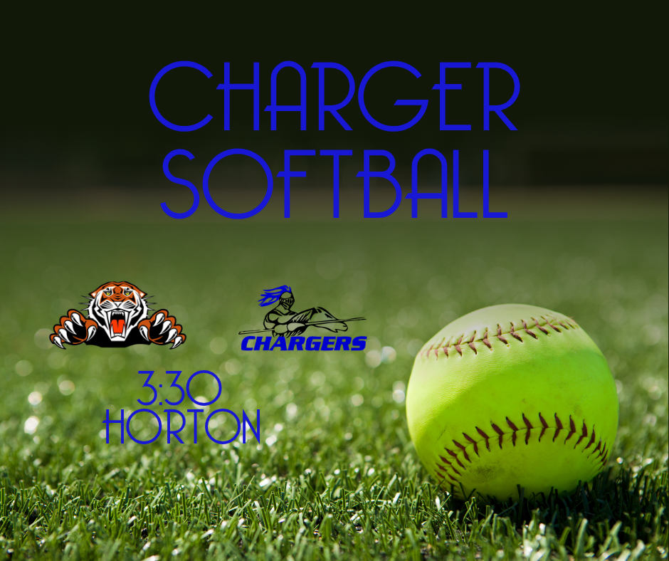 Text reads "Charger Softball" with logos above and below, and a softball ball on green grass.