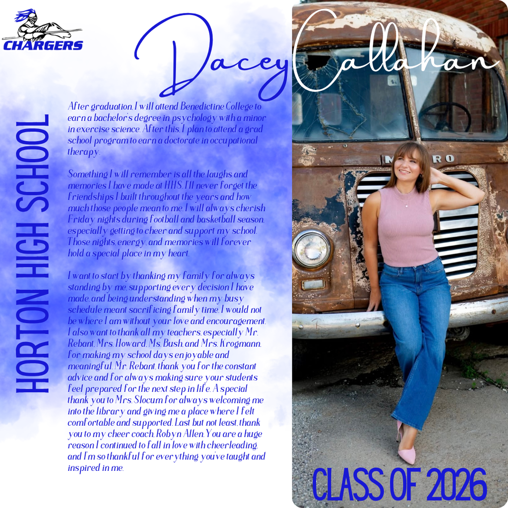 A woman stands near a weathered vehicle. Text on the left includes "Horton High School" and "Class of 2022" with a blue background.