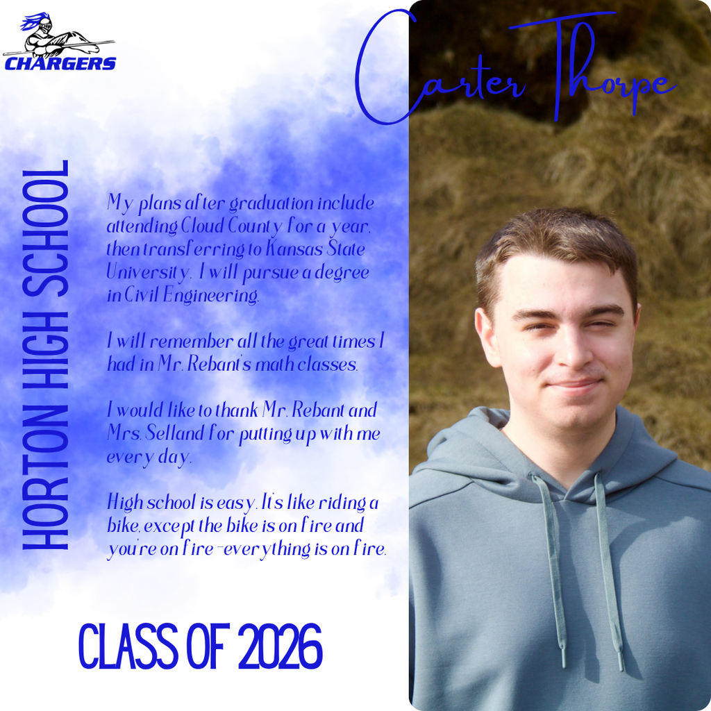 A portrait of a young man, smiling, in a blue hoodie, with a blue background. Text includes his name and class year.