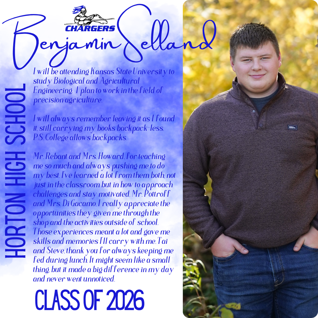 A young man with short hair in a brown shirt and jeans poses for a photo. Text on the left reads "Horton High School Class of 2022" and "Benjamin Selland."