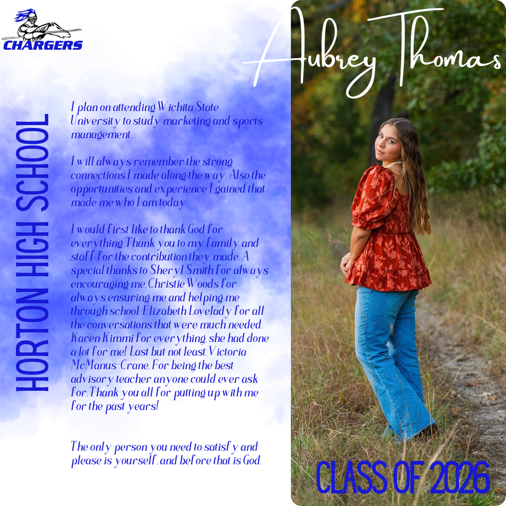 A young woman stands in a field. Text mentions Aubrey Thomas, Class of 2026, with a poem in the background.