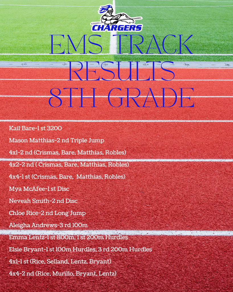 An athletic track is displayed with results for 8th-grade events. Names and event results are listed below.