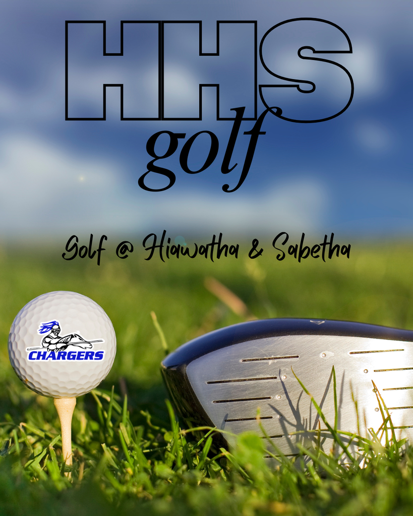 A golf ball with a Chargers logo on a tee next to a club, with "HHS golf" text and a blue sky background.