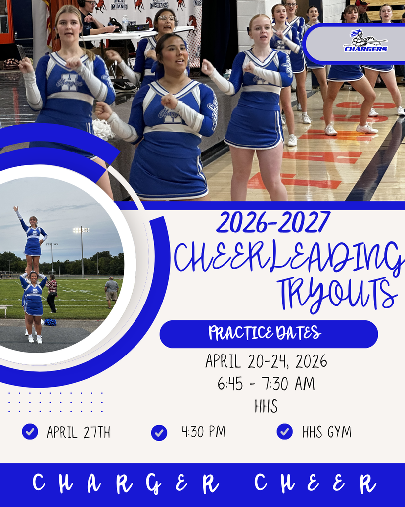 Flyer with blue and white colors, showing cheerleaders. Text reads "2026-2027 Cheerleading Tryouts" and practice dates.