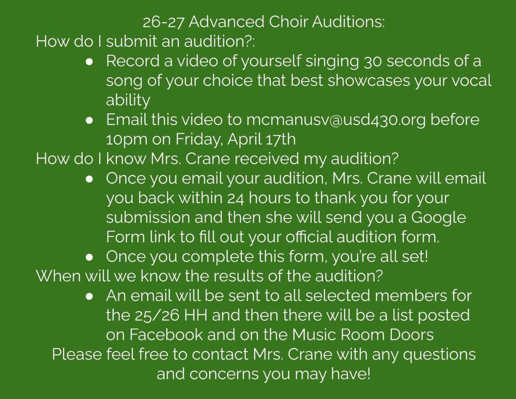 Green background with white text detailing instructions for choir auditions, including recording a 30-second song video, emailing it, and receiving a Google Form link.