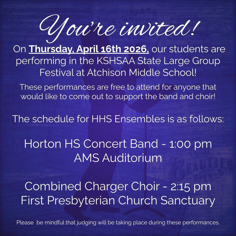 An event invitation for a high school band and choir performance on April 16, 2026.