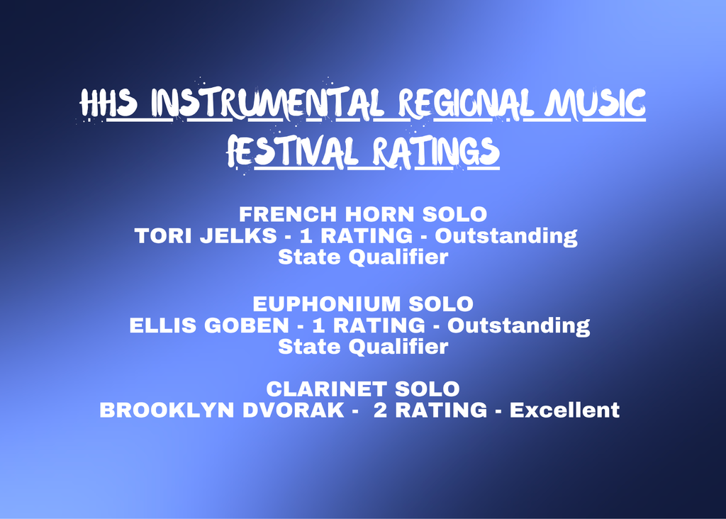 A blue background displays a list of instrumental regional music festival ratings. Categories include French Horn, Euphonium, and Clarinet Solo.