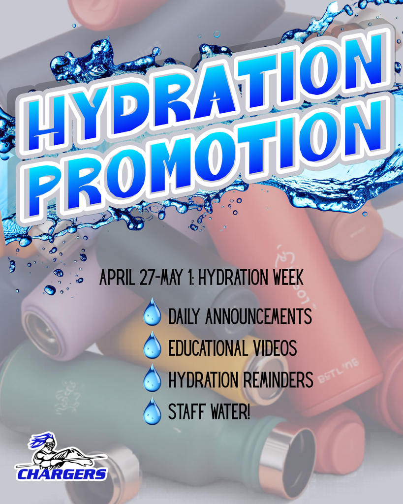 Advertisement for Hydration Promotion from April 27 to May 1. Features water bottles, reminders, and videos.
