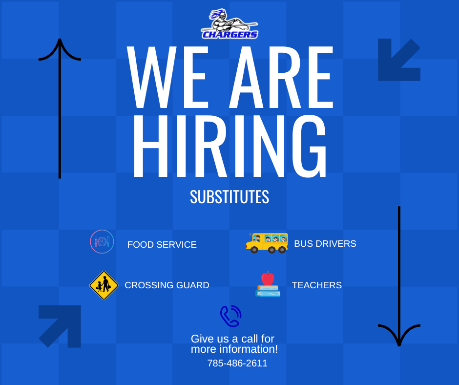 Blue background with white text and icons. "WE ARE HIRING" at top. Positions listed: food service, bus drivers, crossing guard, teachers. Contact number: 785-486-2811.