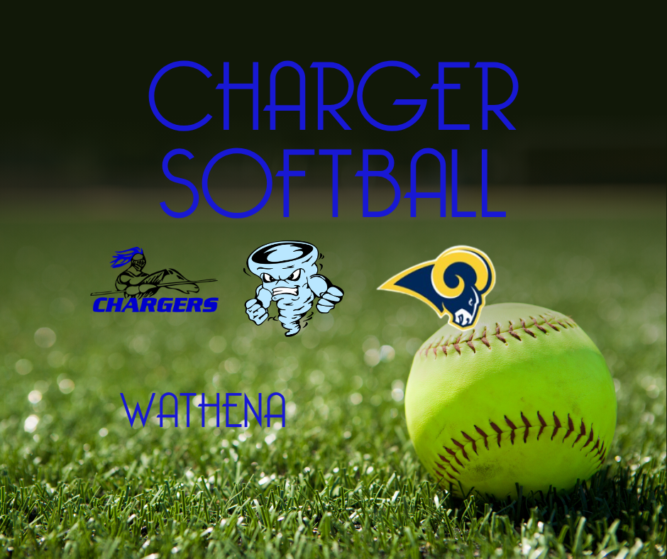 Green ball on grass field, Chargers logo, ghost logo, Rams logo, text "CHARGER SOFTBALL" and "WATHENA".
