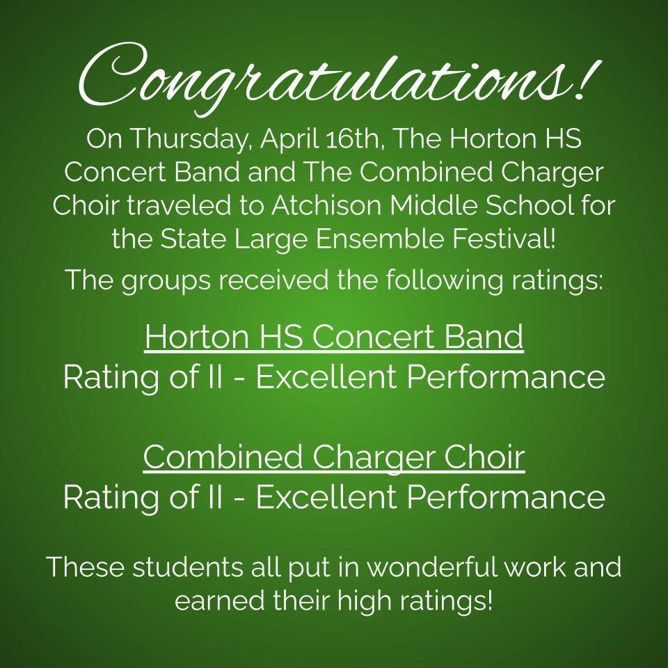 A green poster congratulates the Horton HS Concert Band and Combined Charger Choir for their excellent performances at the festival.