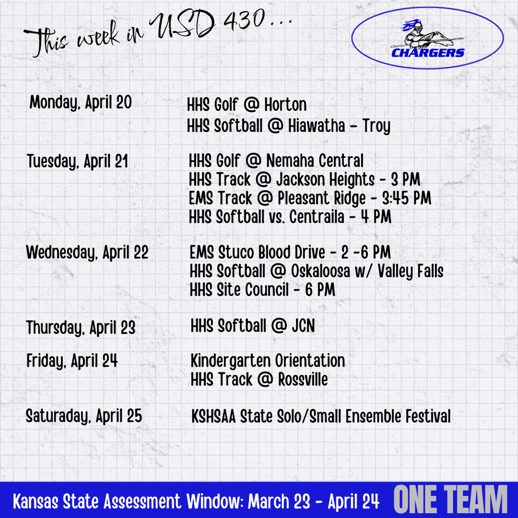 A document with a blue Chargers logo shows a weekly schedule for April 20-25, including sports events and a blood drive.