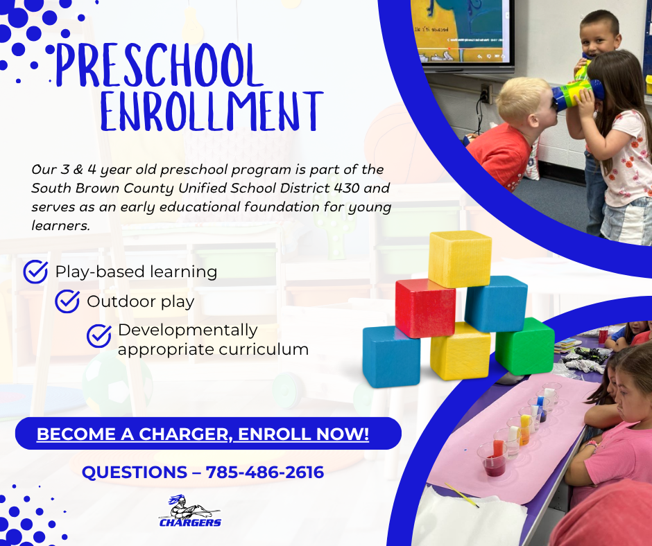 Preschool enrollment flyer with kids playing. Text includes: Preschool enrollment, Play-based learning, Outdoor play, Developmentally appropriate curriculum, and a phone number.