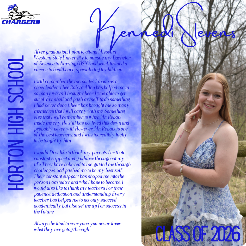 A smiling woman in a blue dress poses against a fence, with a blue background and text mentioning "Kenned Stevens" and "Horton High School Class of 2022."
