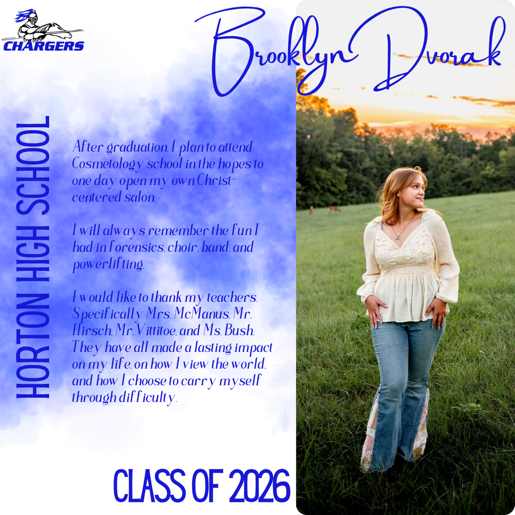 A woman stands on a grassy field with trees and a sunset. Text mentions her name, high school, and graduation year.