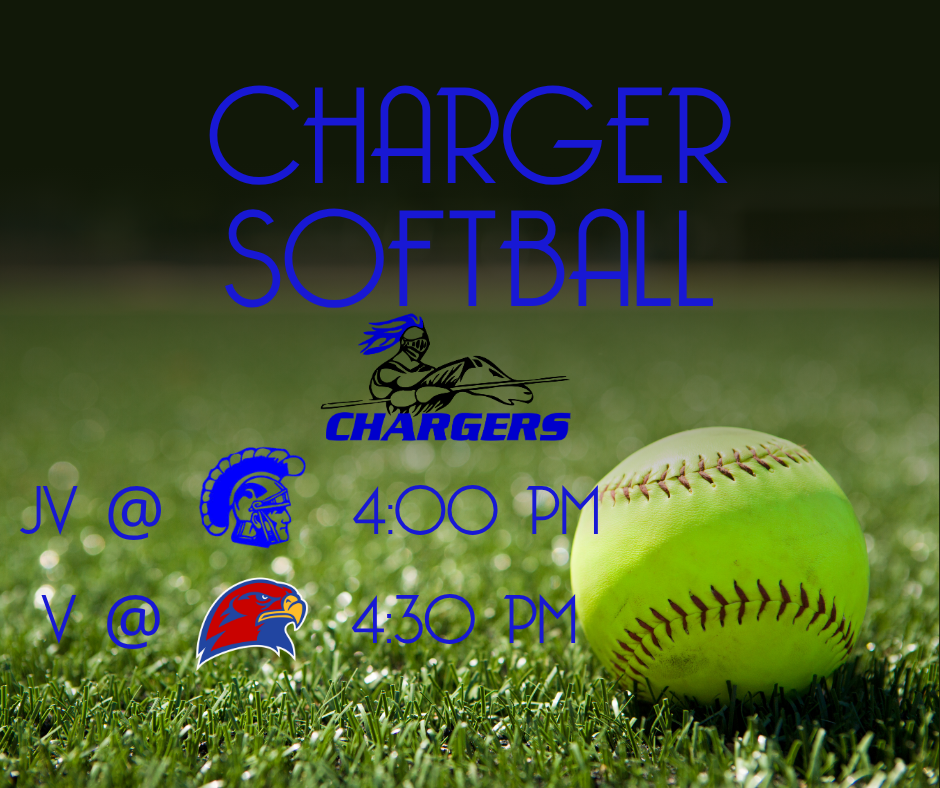 A softball sits on grass with the words "CHARGER SOFTBALL" above. Logos and times for games are on the left.
