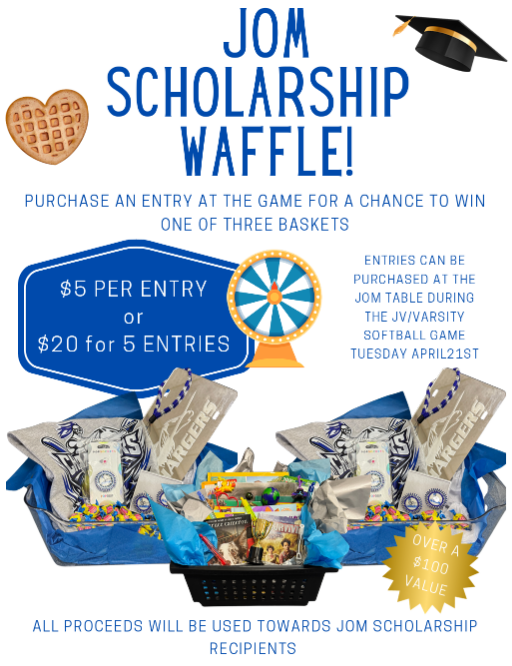 Advertisement poster for Jom Scholarship Waffles. It features a graduation cap, a waffle, and three baskets of items.