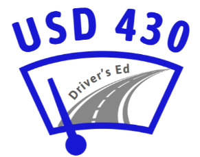 Blue logo with text "USD 430" and "Driver's Ed" over a road with white markings on a white background.