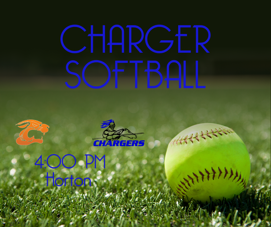 Softball ball on grass field with Charger Softball text. Chargers logo and cat logo. Time 4:00 PM.