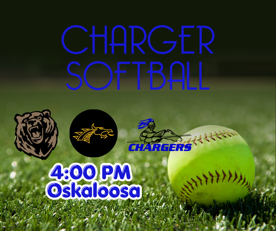 Softball match poster with Charger logo, a yellow ball, team logos, and a grass field. Time reads 4:00 PM.