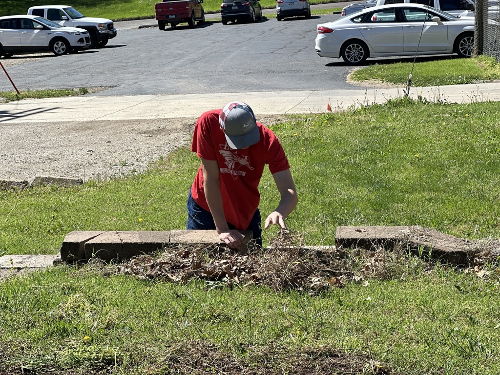 A man in a red shirt and gray cap clears leaves on a grassy area. Behind him, multiple cars are parked in a lot.