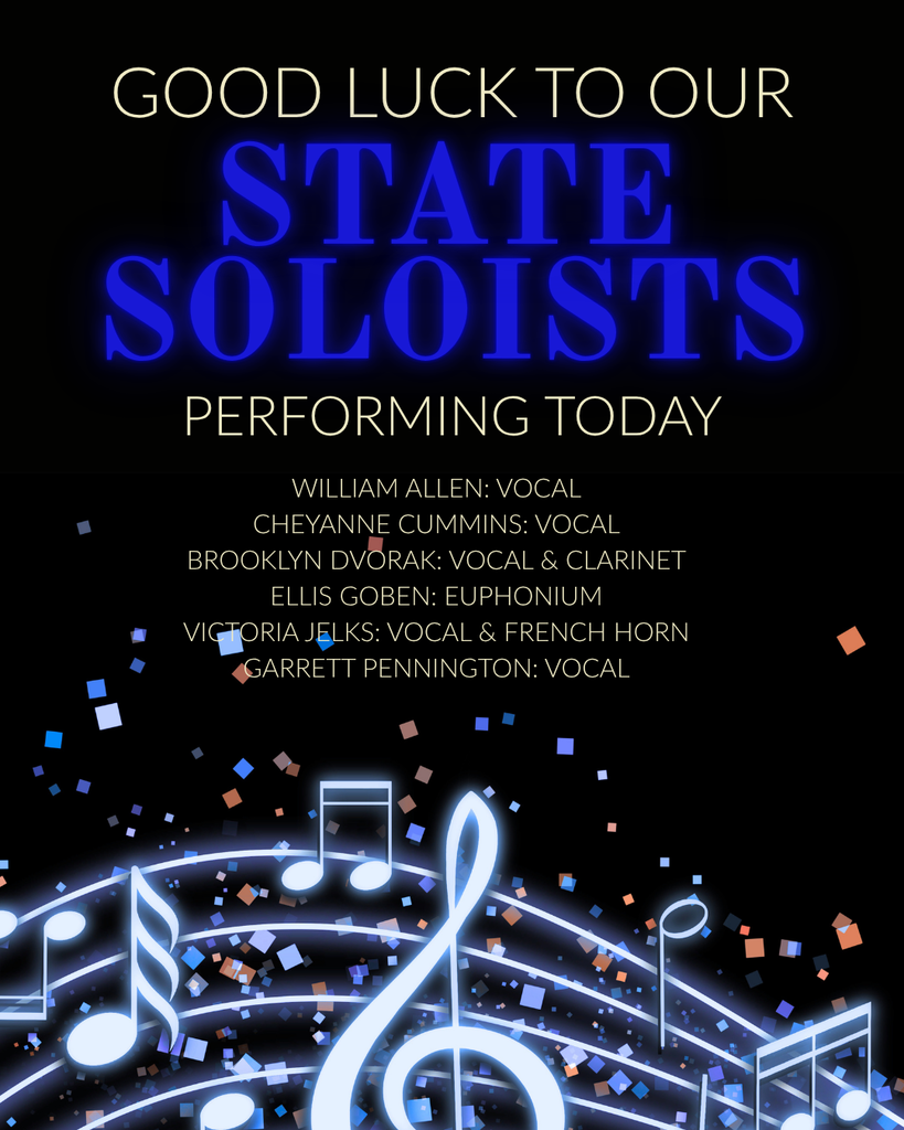 A digital flyer with blue and black background features musical notes and text listing names and instruments of performers.