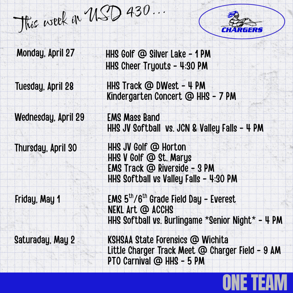 A schedule for USD 430 Charger events from April 27 to May 2, with activities like golf, track, and concerts.