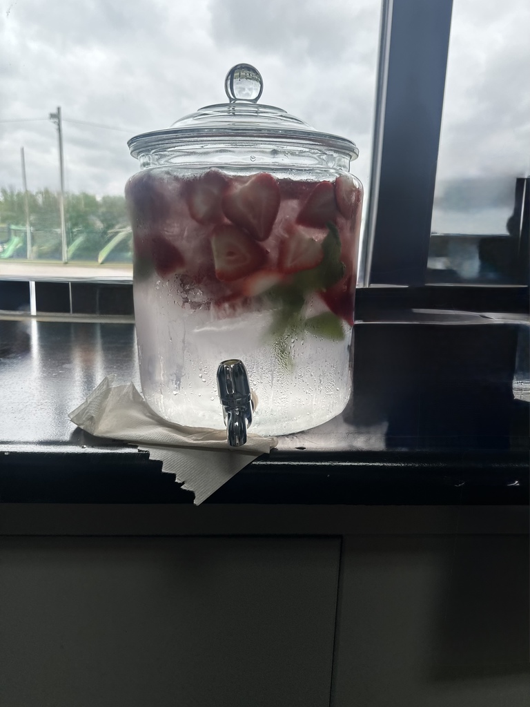 Clear glass container with a lid filled with water and sliced strawberries. A metal faucet is in the center.