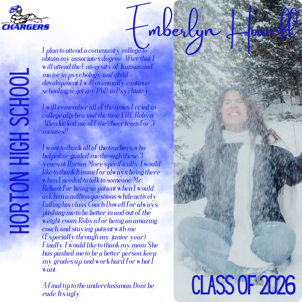 Woman kneeling in snow, smiling. Text reads "Emberlyn Howell, Class of 2022." Background includes trees and snow.